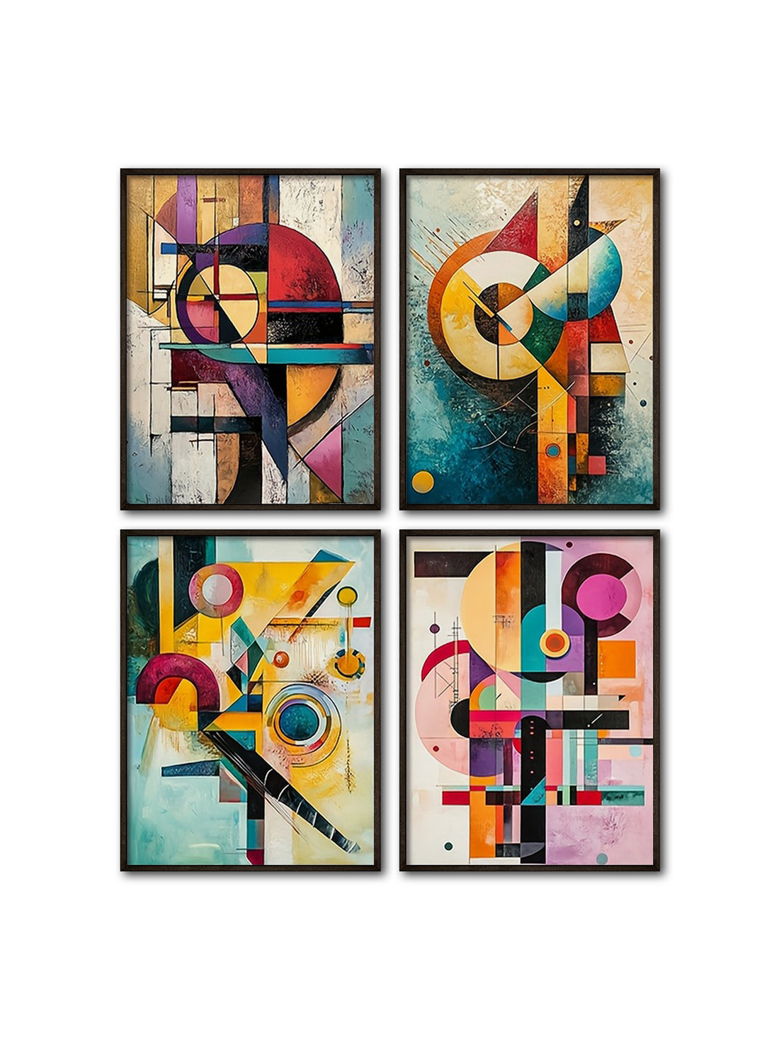 Elevate your living space with this 4-piece modern wall art set featuring abstract geometric canvas prints inspired by Kandinsky. Each piece showcases bold shapes and vibrant colors that bring a sophisticated, contemporary edge to any room. Perfect for art enthusiasts and interior designers alike, this set adds depth and visual interest while complementing a variety of decor styles. Ideal as a thoughtful gift or a striking focal point in your home, these canvases combine artistic heritage with modern aesthe