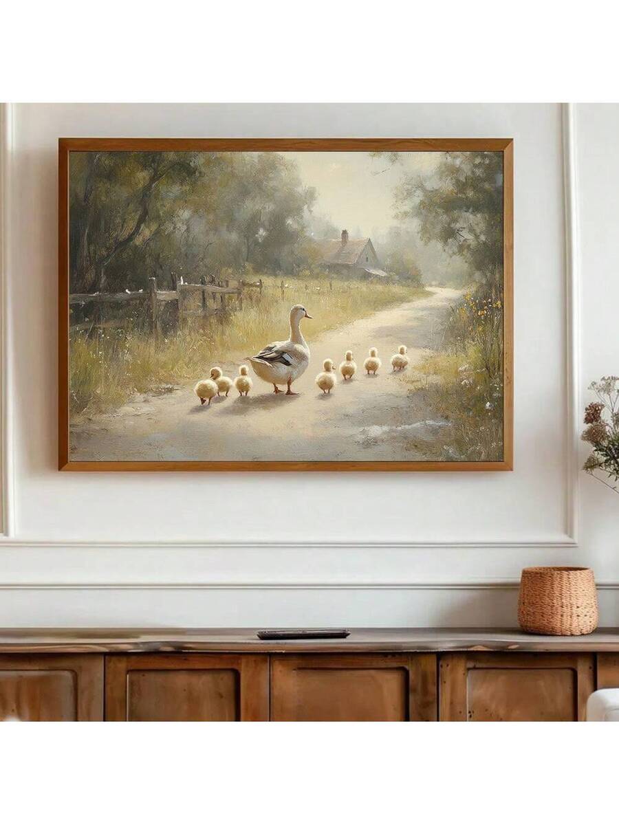 Bring warmth and charm to any space with this vintage duck and ducklings canvas print. Featuring a timeless rustic design, this graphic artwork adds character to kids' rooms, living areas, bedrooms, dining rooms, home offices, and kitchens. The multicolor palette complements various décor styles while the durable canvas material ensures lasting quality. Perfect for creating a cozy, nostalgic atmosphere that appeals to both children and adults who appreciate classic farmhouse aesthetics.