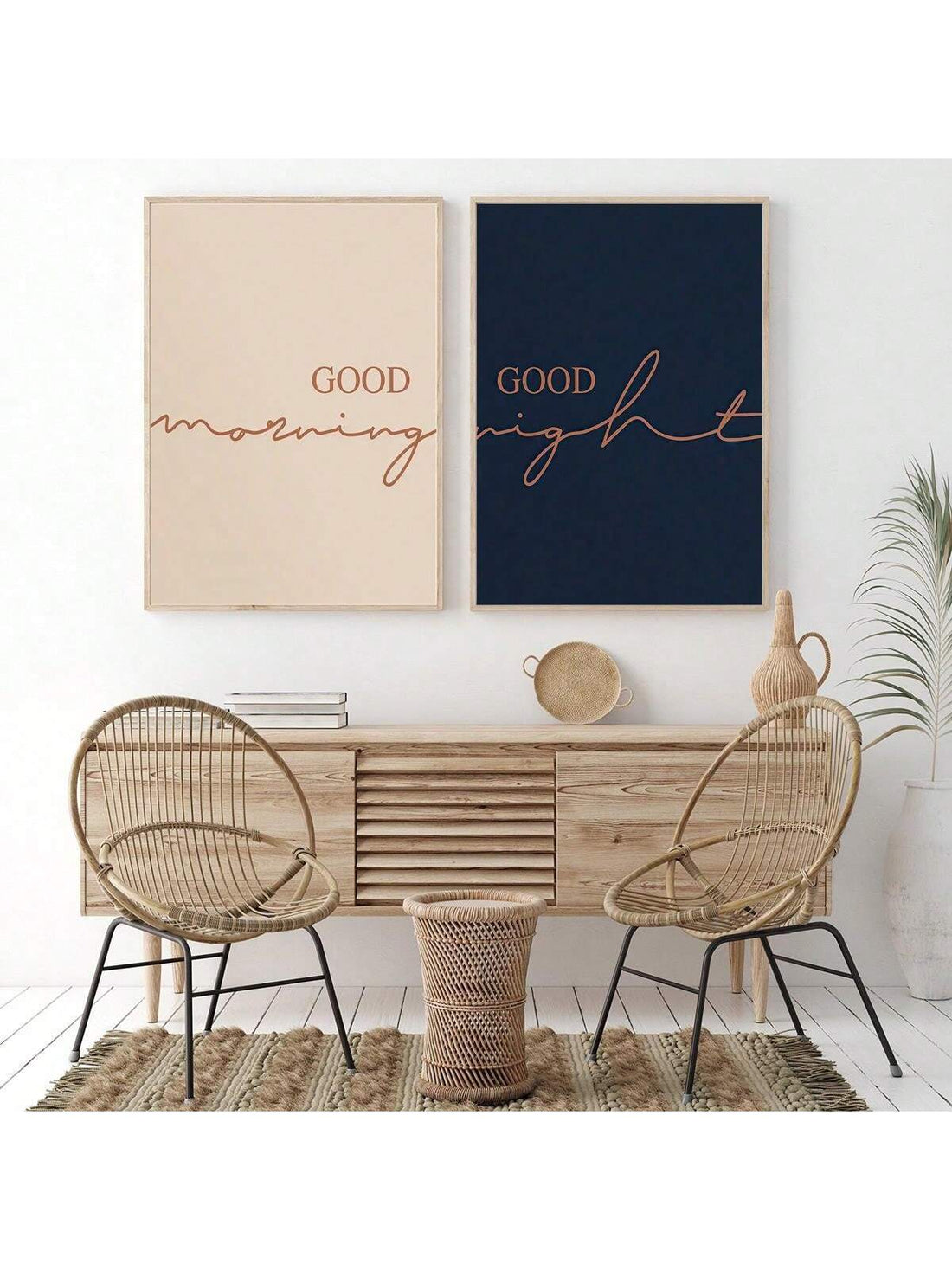 Elevate your living space with these stylish black and white canvas posters featuring "Good Morning" and "Good Evening" designs. Crafted to complement modern home decor, these prints offer a sophisticated touch that enhances any room's ambiance. Their monochrome palette ensures versatility, making them ideal for various interior styles while providing a subtle yet impactful visual statement. Perfect for creating a welcoming atmosphere from morning to night.