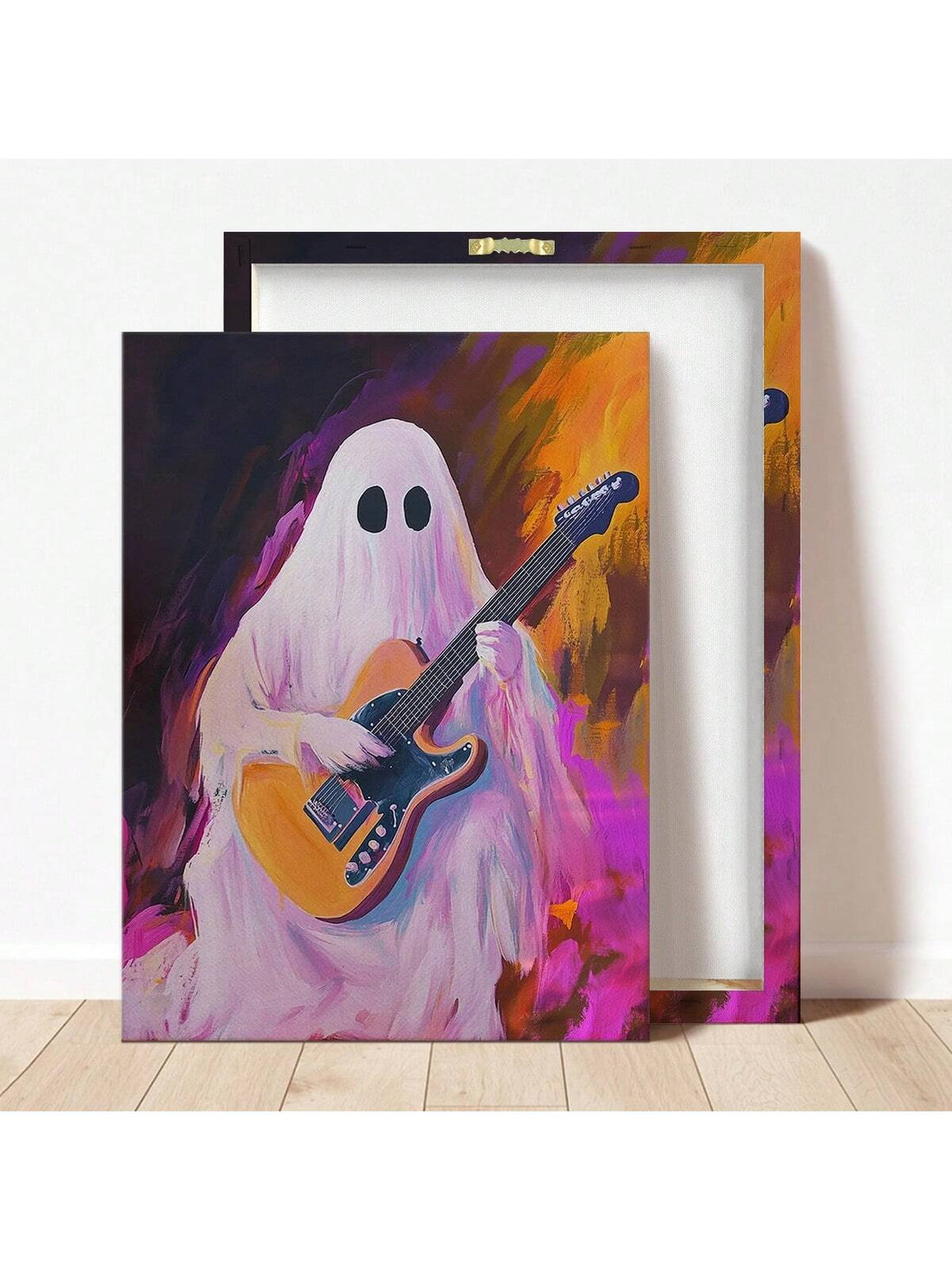 Celebrate the spooky season with this whimsical ghost playing guitar artwork, featuring vibrant pastel colors that add a playful yet eerie touch to your Halloween decor. Perfect for creating a festive atmosphere, this piece blends charm and seasonal spirit, making it an expert choice for those seeking unique and eye-catching decorations.