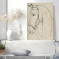 Horse pencil portrait leaning on a white console in a bright room