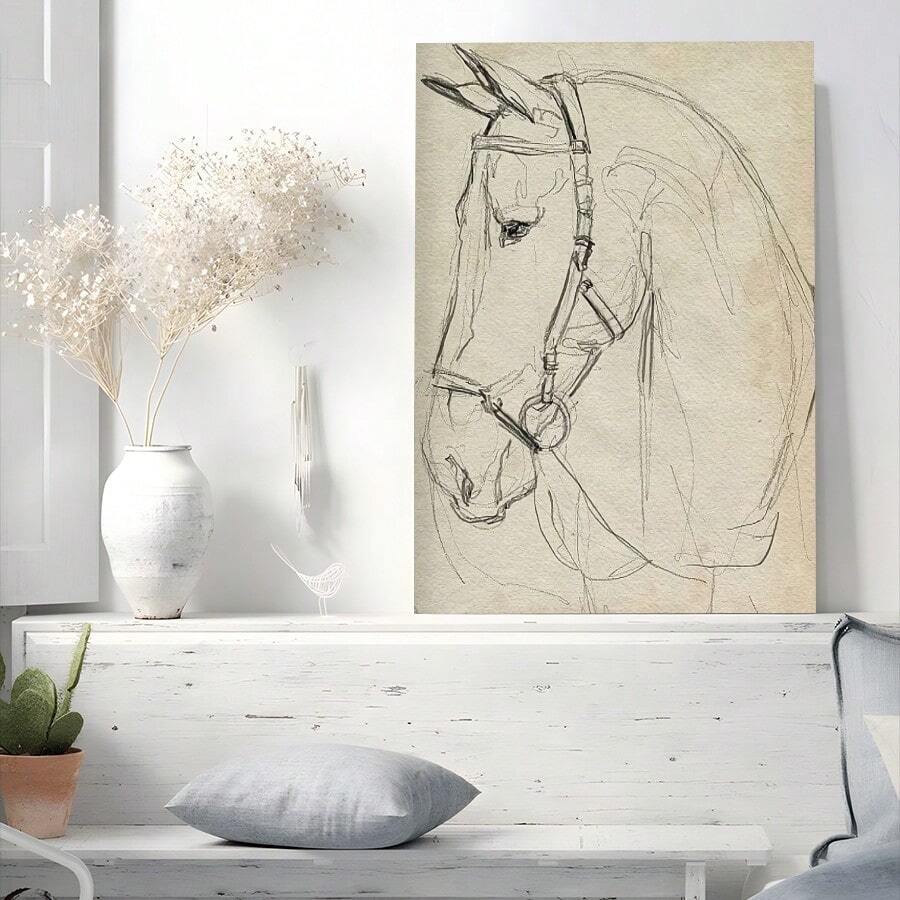 Horse pencil portrait leaning on a white console in a bright room