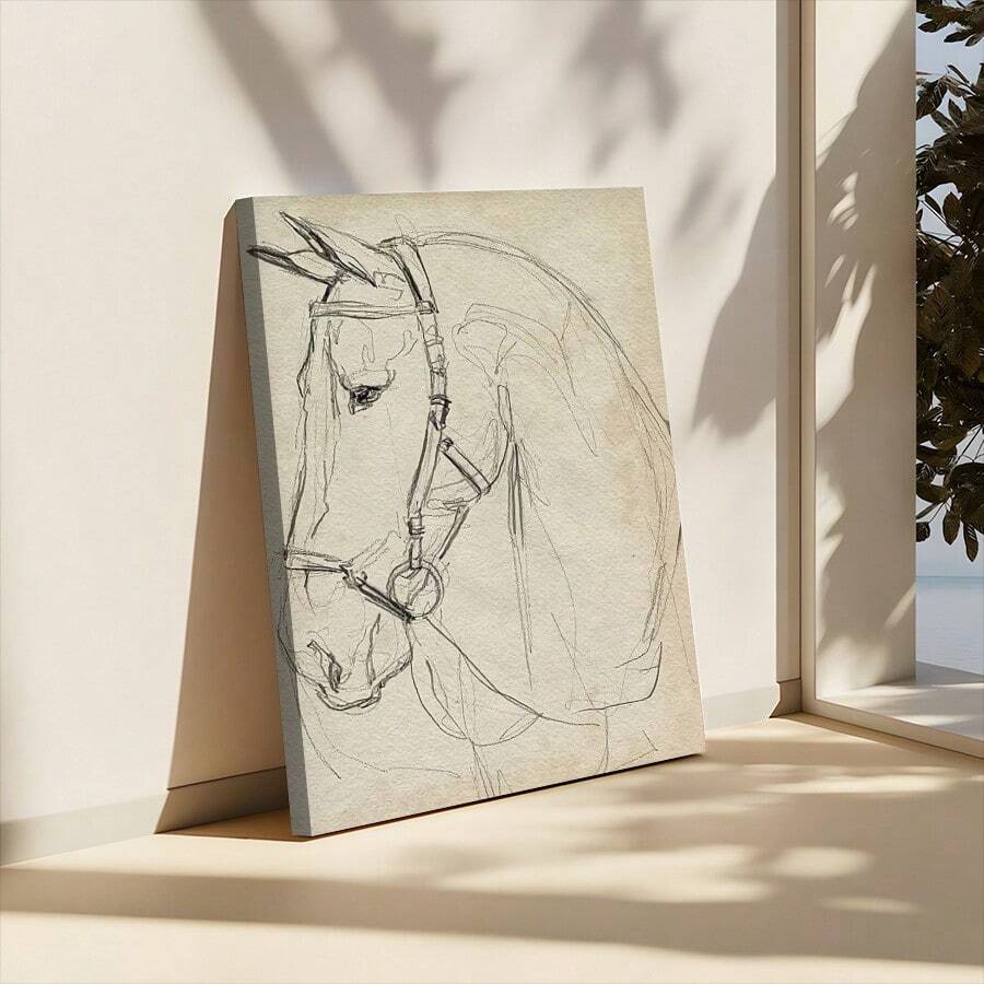 Equestrian horse sketch propped on a sunlit floor near a window
