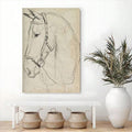 Horse bridle line drawing displayed above a console with woven baskets