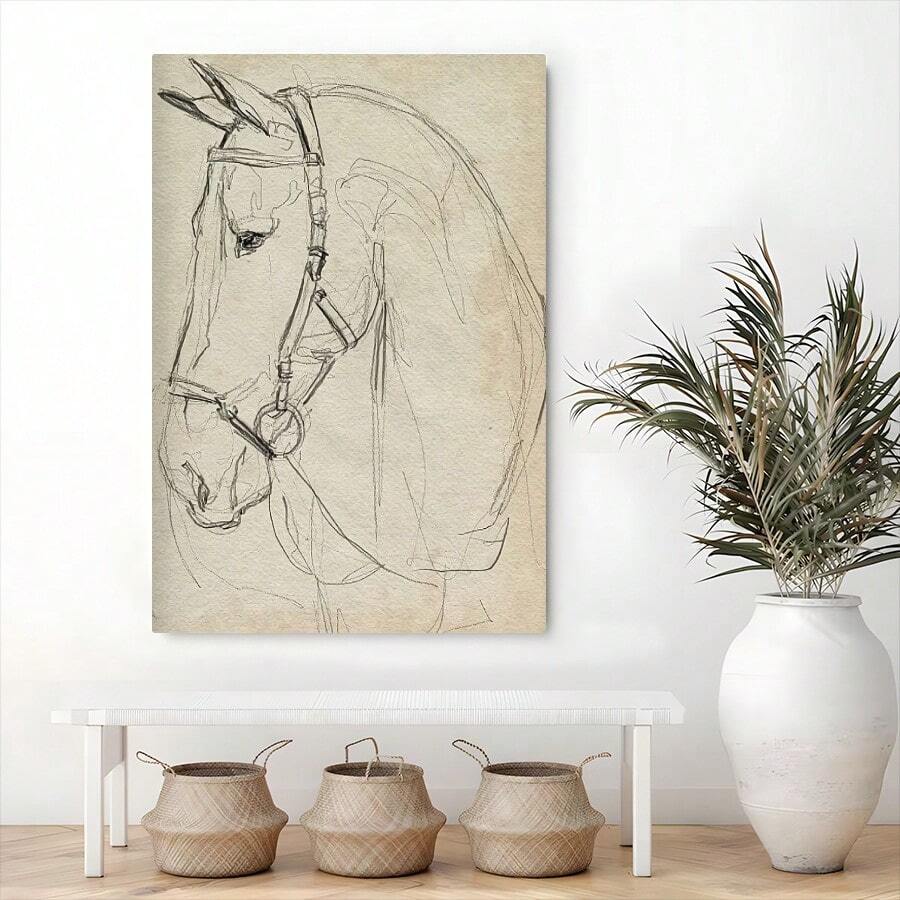 Horse bridle line drawing displayed above a console with woven baskets