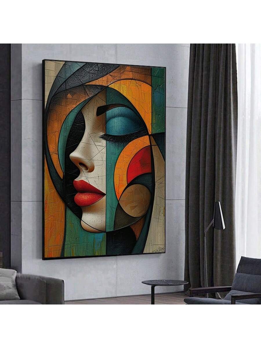 This frameless canvas art features a vibrant geometric interpretation of a female face, blending abstract design with modern aesthetics. Its bold colors and clean lines make it an ideal centerpiece for contemporary living rooms or bedrooms, adding a sophisticated artistic touch without overwhelming the space. The frameless style enhances its minimalist appeal, allowing the artwork to seamlessly integrate into various decor themes. Perfect for those seeking to elevate their interiors with a striking yet tast