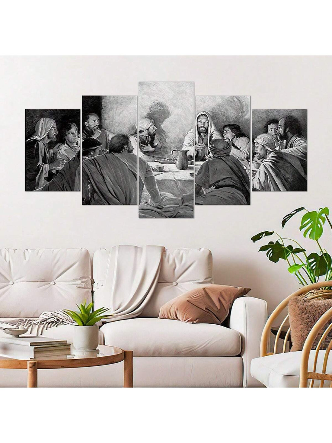 This 5-piece unframed canvas wall art set features a modern black and white depiction of The Last Supper of Jesus Christ. Designed to bring a contemporary yet reverent touch to your home, each panel combines minimalist style with profound religious significance. Ideal for creating a focal point in living rooms, dining areas, or prayer spaces, this set offers a sophisticated way to honor a timeless biblical moment. The unframed design allows for flexible display options to suit your personal decor preference