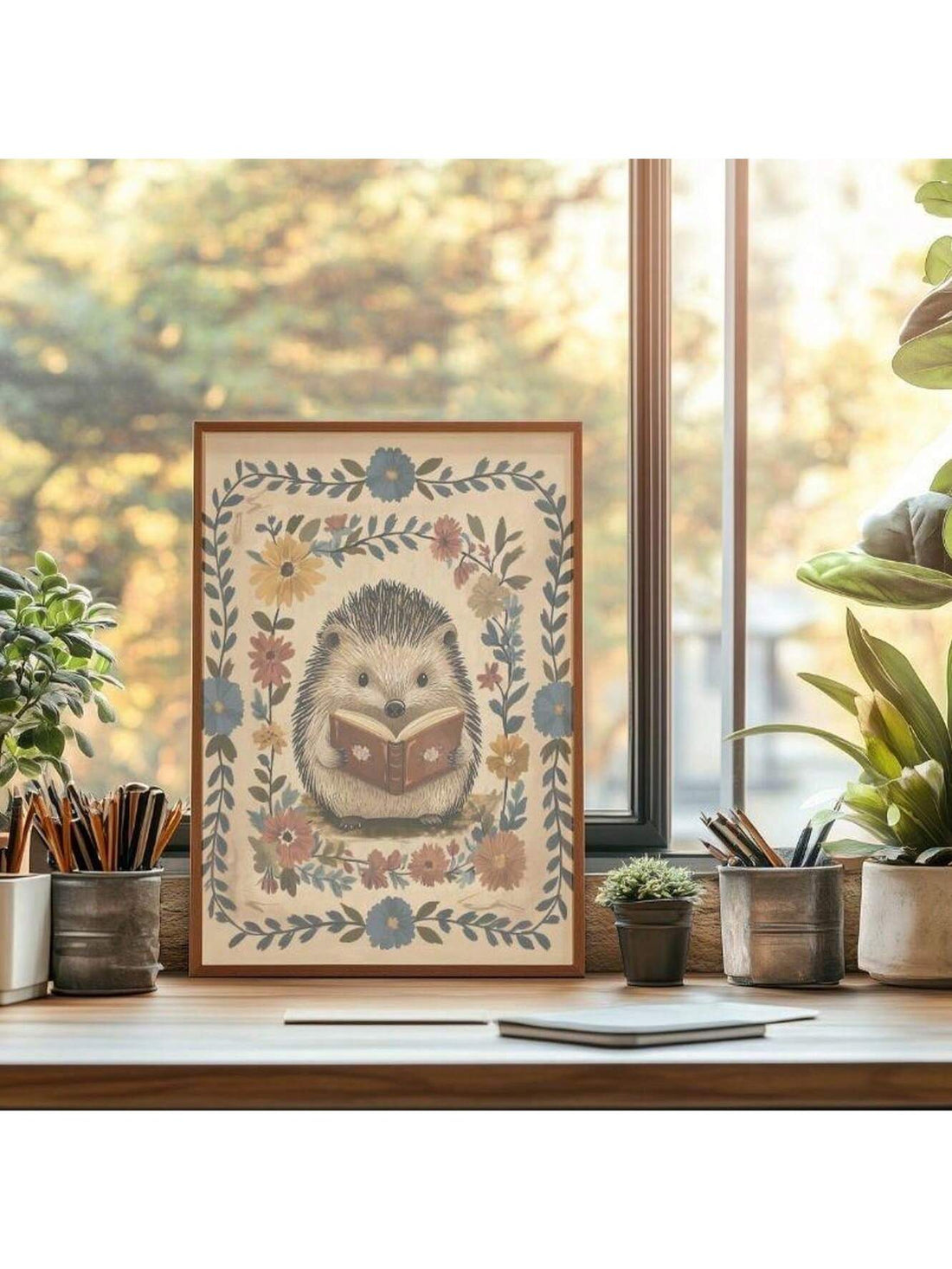 Celebrate the charm of vintage cottagecore with this frameless Hedgehog Reading Art Print. Designed in soothing earthy tones, it brings a warm, whimsical touch to nurseries and book lover spaces alike. Its delicate illustration invites a sense of calm and imagination, making it an ideal piece to inspire quiet moments and storytelling. Perfect for adding subtle character without overwhelming your decor.