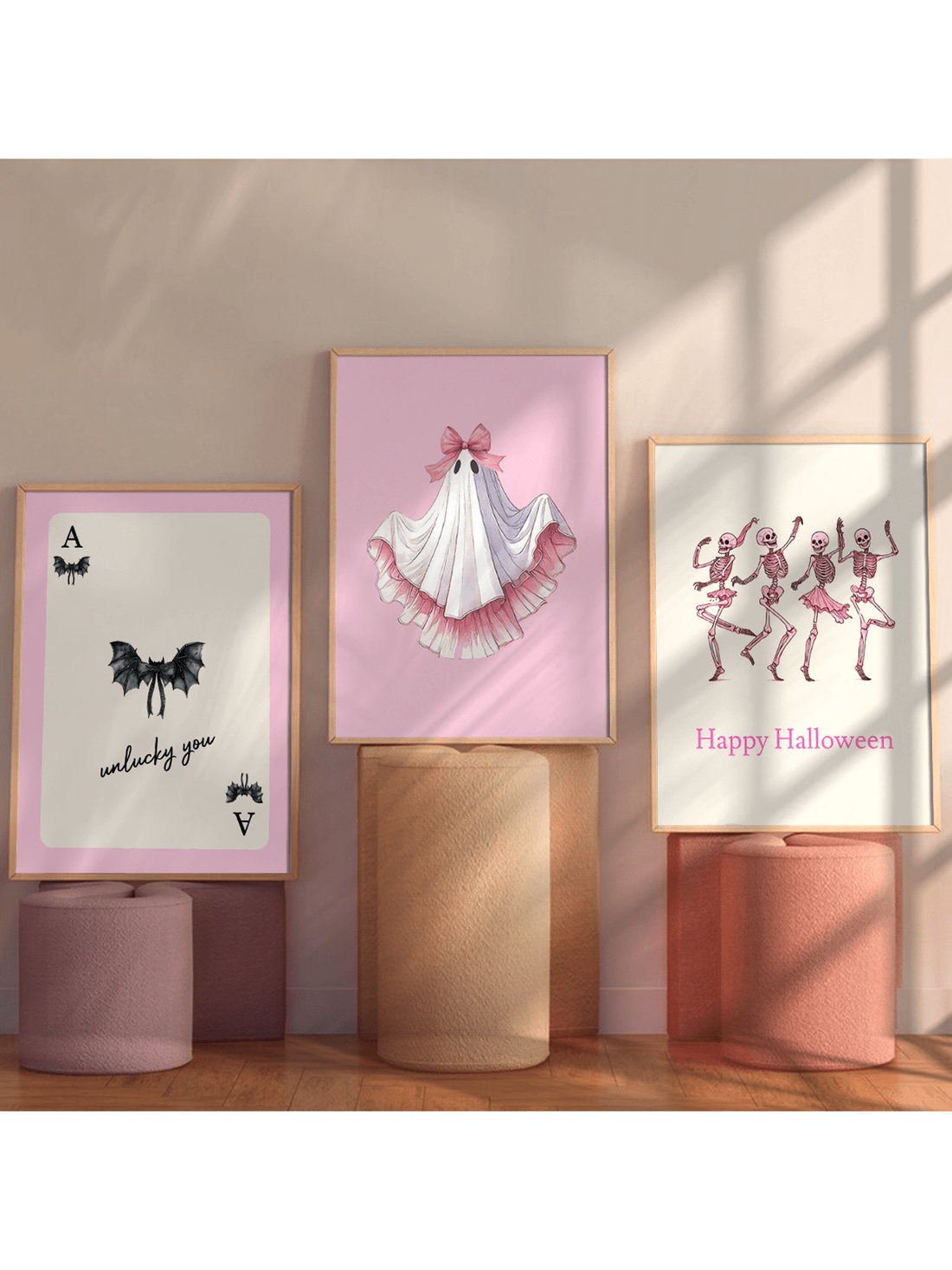 Elevate your Halloween decor with this Chic Pink Halloween Wall Art Set, featuring three modern posters designed to bring a stylish and contemporary touch to your home or dorm. The set combines festive themes with a sophisticated pink palette, perfect for those seeking a unique and elegant seasonal display. Easy to frame and arrange, these posters offer a fresh alternative to traditional Halloween decorations, enhancing your space with subtle holiday spirit and modern design flair.