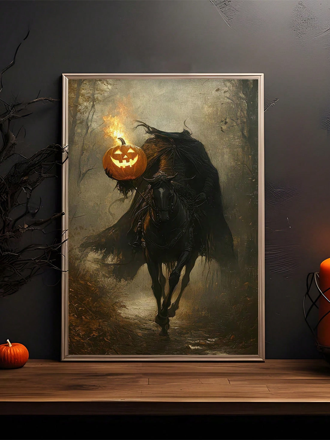 Capture the haunting spirit of autumn with this Modern Headless Horseman Art Print. Perfect for fans of dark gothic fantasy, this eerie Halloween decor piece adds a mysterious and atmospheric touch to your seasonal display. Crafted with attention to detail, it evokes the chilling legend while complementing your fall aesthetic with a sophisticated edge. Ideal for creating a captivating focal point in any room during the spooky season.