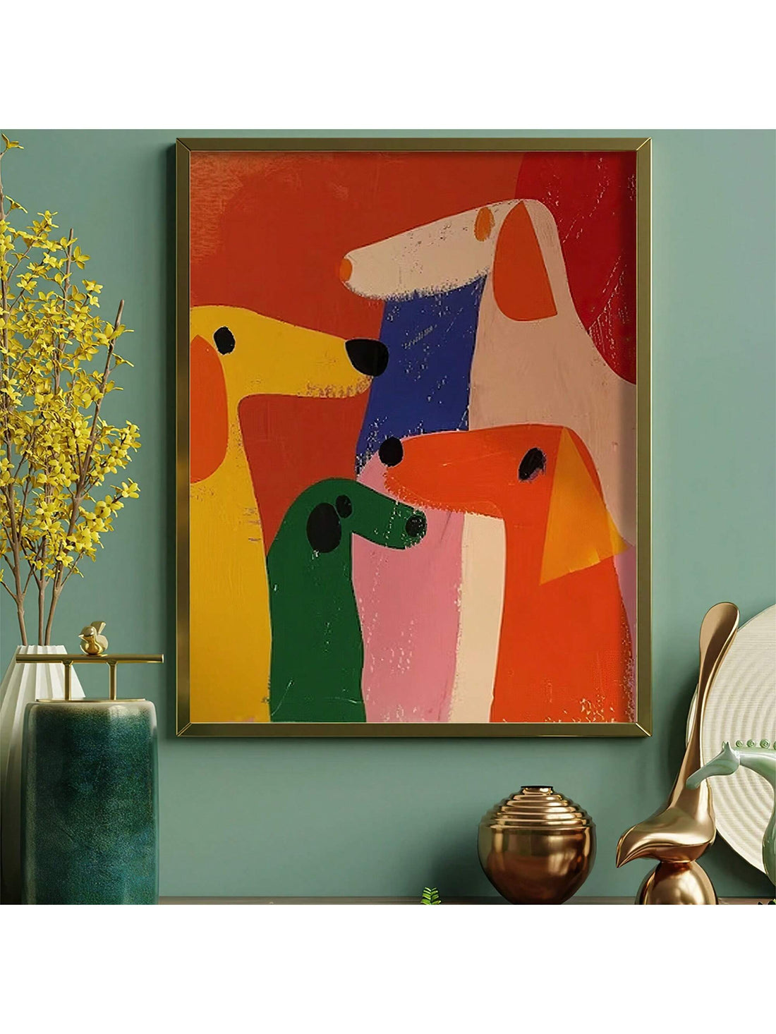This vibrant abstract dog oil painting brings a modern minimalist touch to any home or office space. Its bold colors and dynamic brushstrokes create a striking focal point that enhances contemporary décor. Crafted with attention to detail, this artwork adds personality and sophistication while complementing a variety of interior styles. Ideal for art enthusiasts seeking a unique and expressive piece that elevates their environment.