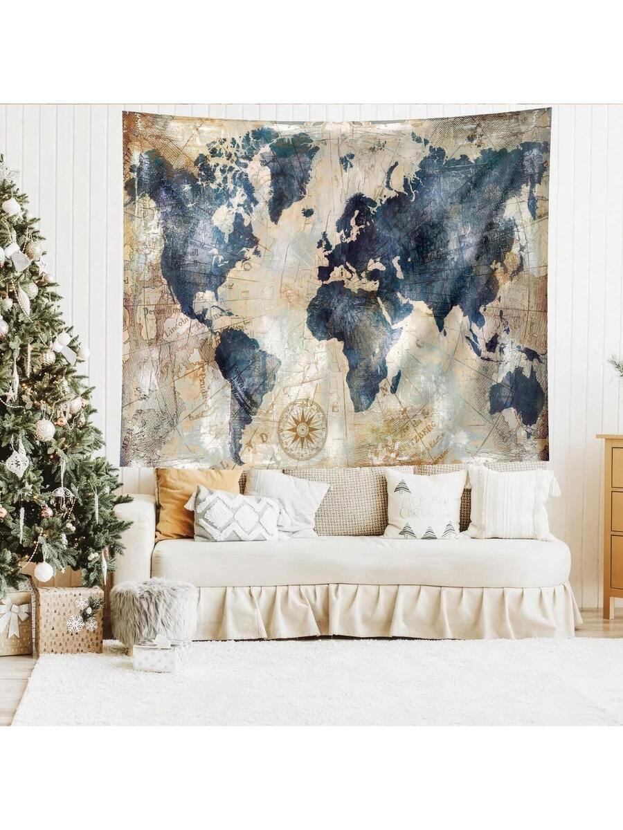 Vintage navy world map tapestry in cozy living room with Christmas decor and armchair
