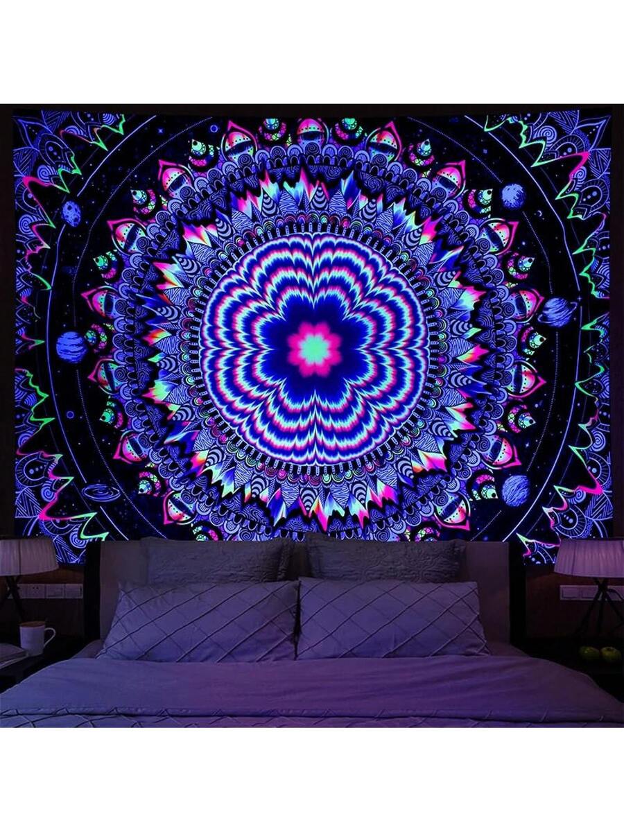 Daylight view of blacklight mandala tapestry with galaxy stars and planets