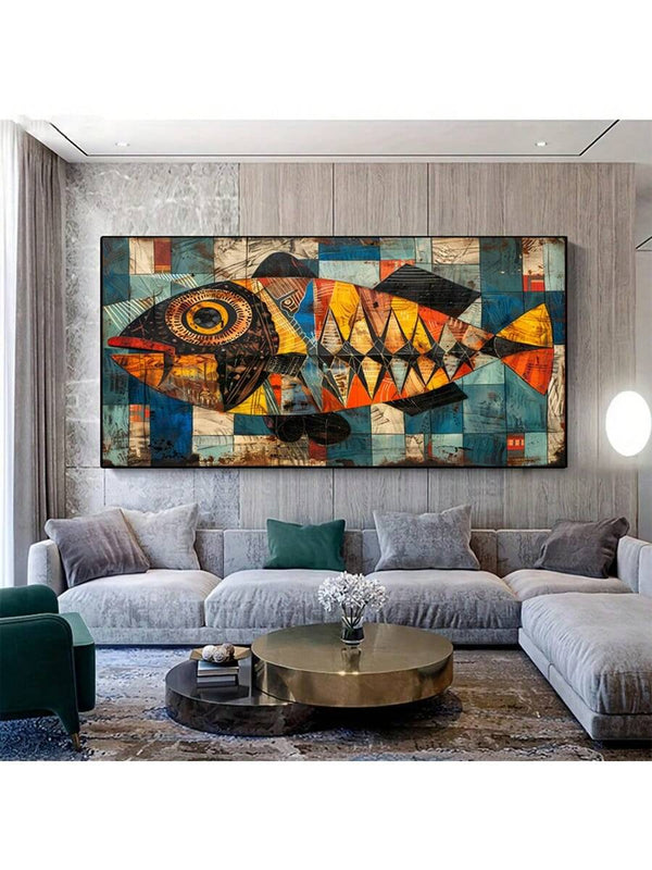Vibrant geometric fish modern abstract canvas wall art for living room and bedroom