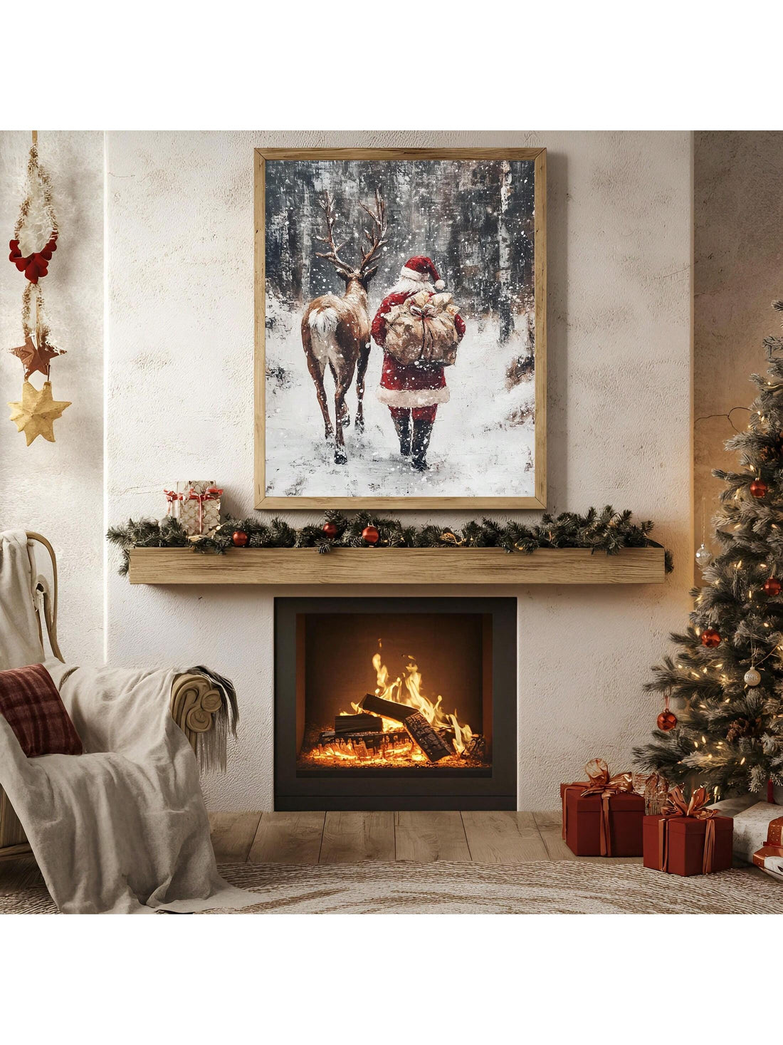 Bring festive warmth to your home with this expertly crafted framed wall art featuring Santa and his reindeer in a serene winter forest setting. The detailed composition captures the magic of the season, making it an ideal focal point for living rooms, bedrooms, or entryways. High-quality framing protects the artwork while complementing any décor style, from traditional to contemporary. This timeless piece celebrates holiday spirit year after year, transforming your space into a winter wonderland. Whether y