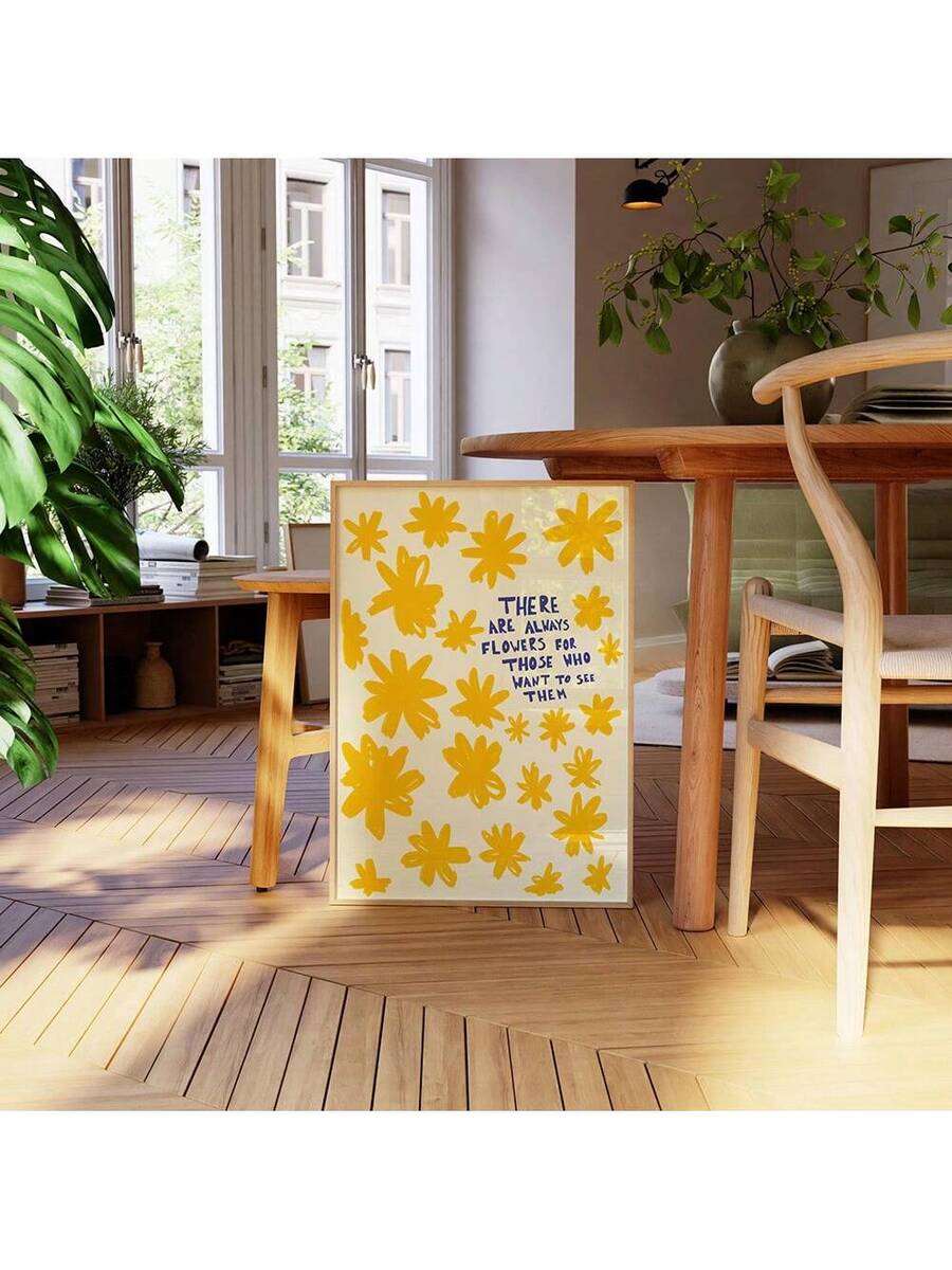 Inspirational wall art mockup styled in minimalist room with cheerful flower quote