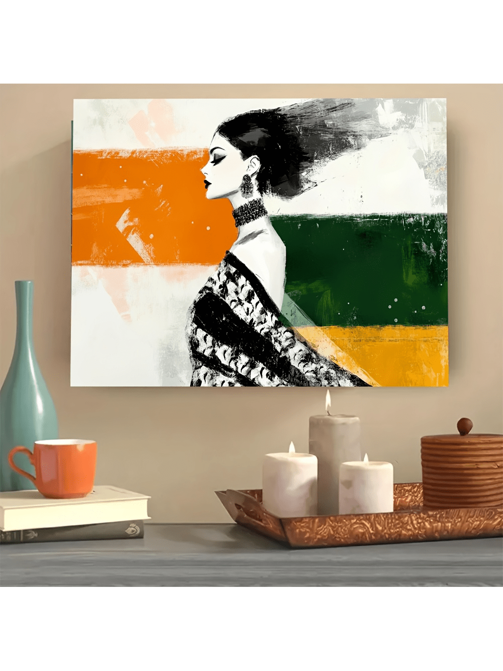 Elevate your living space with this Elegant Woman Canvas Wall Art, featuring a sophisticated retro Art Deco design. The vibrant orange and green abstract background adds a dynamic contrast, making it a striking focal point for any room. Crafted to enhance home decor, this piece blends classic elegance with modern vibrancy, perfect for those seeking refined artistic expression.