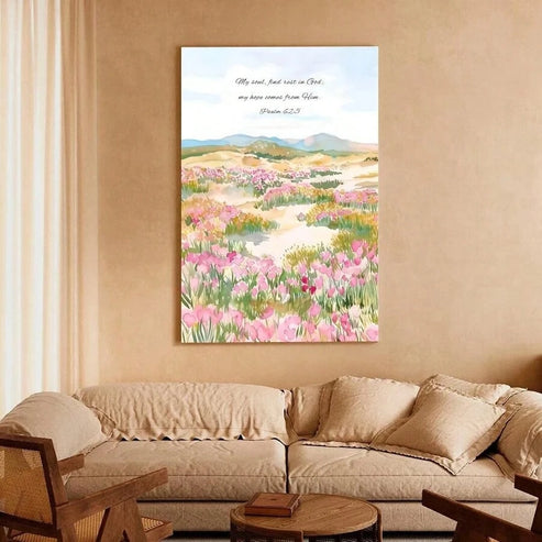 Find Rest in God Psalm 62:5 Christian Bible verse wall art with watercolor floral landscape