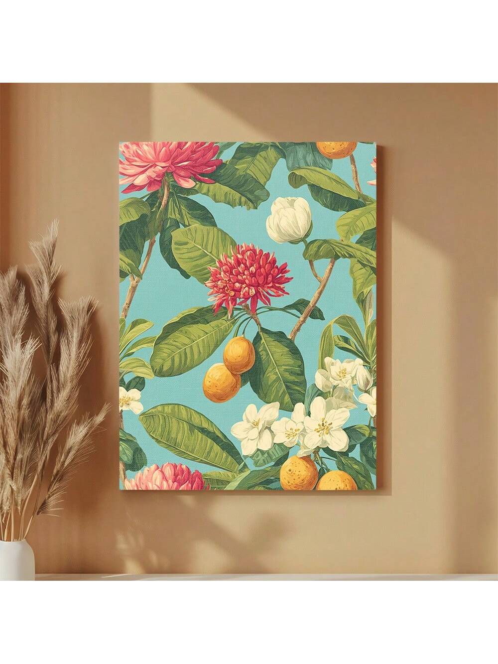 Elevate your living spaces with this Tropical Floral and Citrus Canvas Wall Art, designed to bring vibrant energy and a refreshing ambiance to any room. Perfect for the living room, bathroom, bedroom, or kitchen, this piece combines vivid floral and citrus motifs to create a lively yet sophisticated atmosphere. Crafted on high-quality canvas, it offers durability and rich color saturation, making it an ideal choice for enhancing your home decor with a touch of tropical elegance.