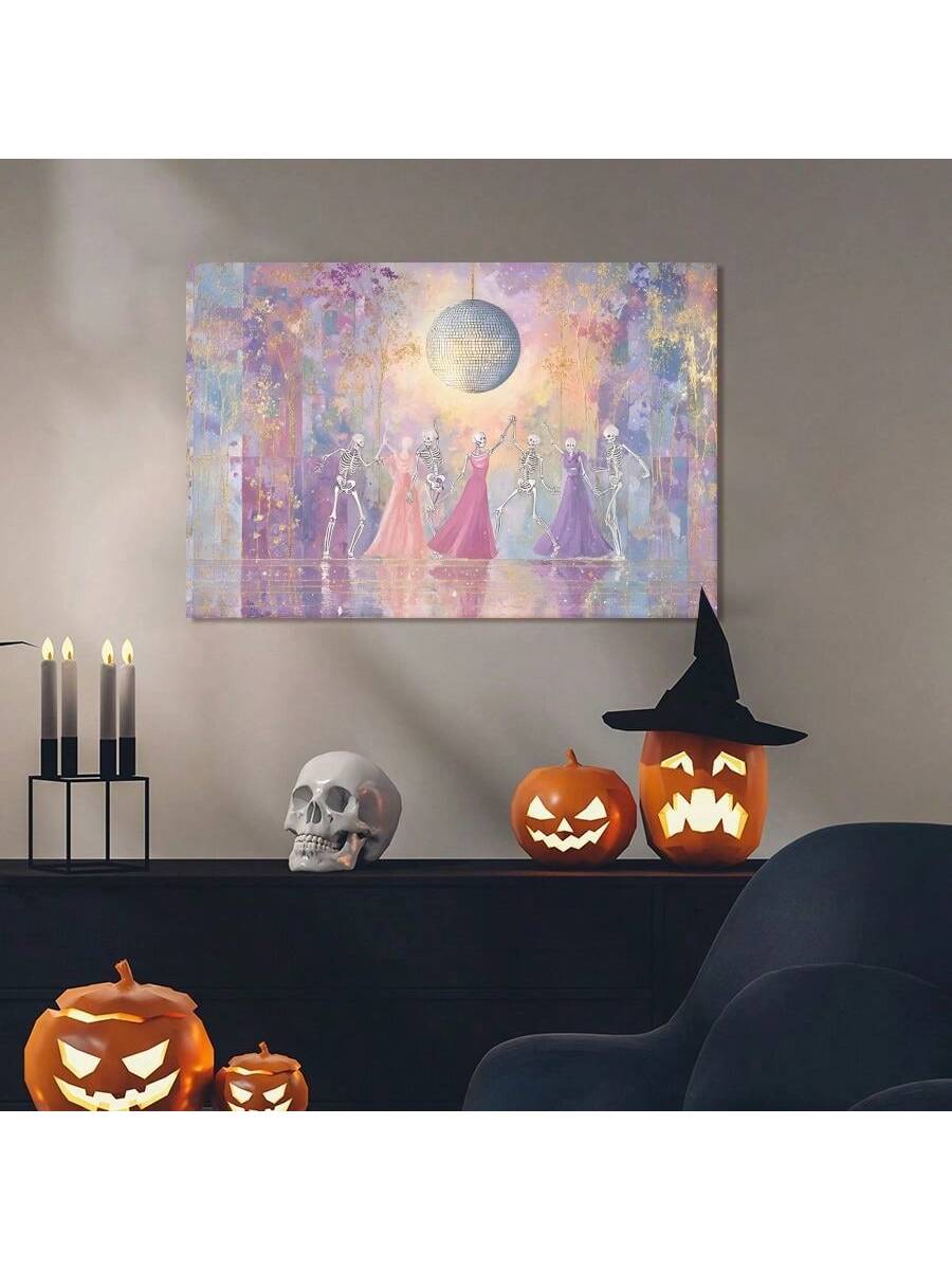 Elevate your Halloween ambiance with this Disco Skeleton Ball Canvas Print, expertly crafted for standout wall decor. Featuring a vibrant, framed skeleton design illuminated by disco lights, it blends spooky charm with a modern, chic aesthetic. Perfect for adding a unique, festive touch to any room, this canvas print offers both durability and style, making it an ideal choice for sophisticated holiday decoration.