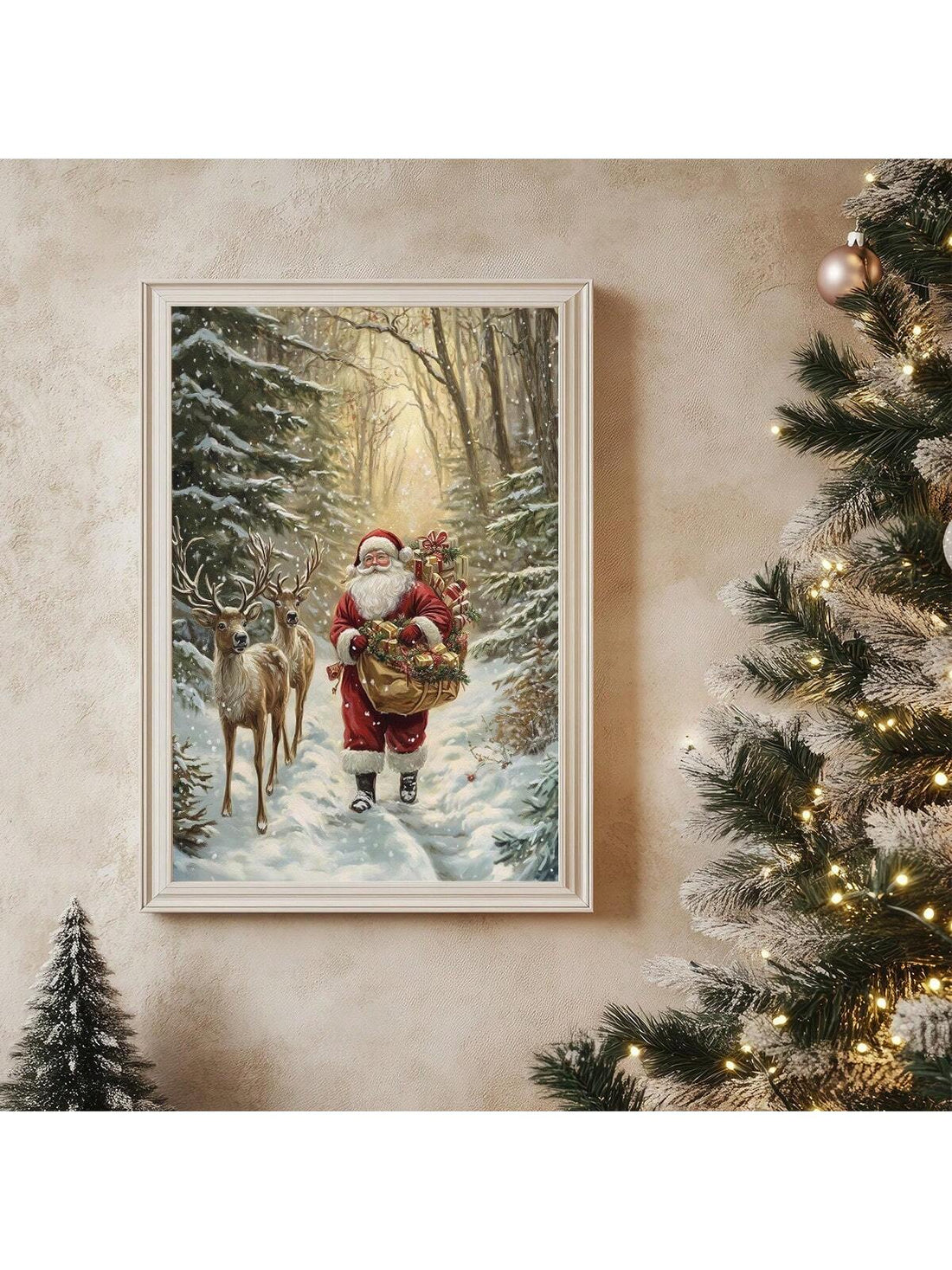 Bring timeless holiday charm to any space with this vintage-inspired Santa Claus and Reindeer canvas wall art. Featuring classic imagery rendered in warm, nostalgic tones, this piece captures the magic of Christmas traditions. The durable canvas construction ensures lasting quality, while the versatile design complements both residential and commercial interiors. Perfect for creating a festive atmosphere in living rooms, bedrooms, offices, or retail environments. This statement piece serves as an instant fo