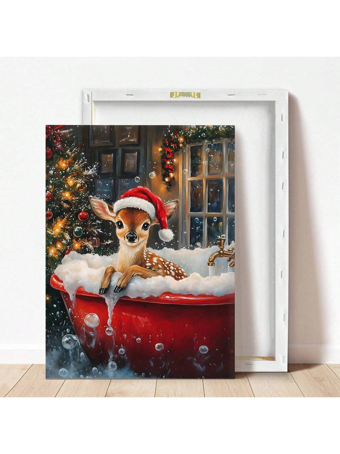 This whimsical canvas art brings nostalgic holiday charm to any bathroom space. Featuring a playful reindeer soaking in a vintage bathtub, the piece combines festive spirit with unexpected humor—perfect for those who appreciate unconventional Christmas décor. The retro aesthetic and warm color palette complement traditional and eclectic bathroom designs alike. Ideal for creating a memorable focal point during the holiday season or year-round for collectors of quirky vintage-inspired art. High-quality canvas