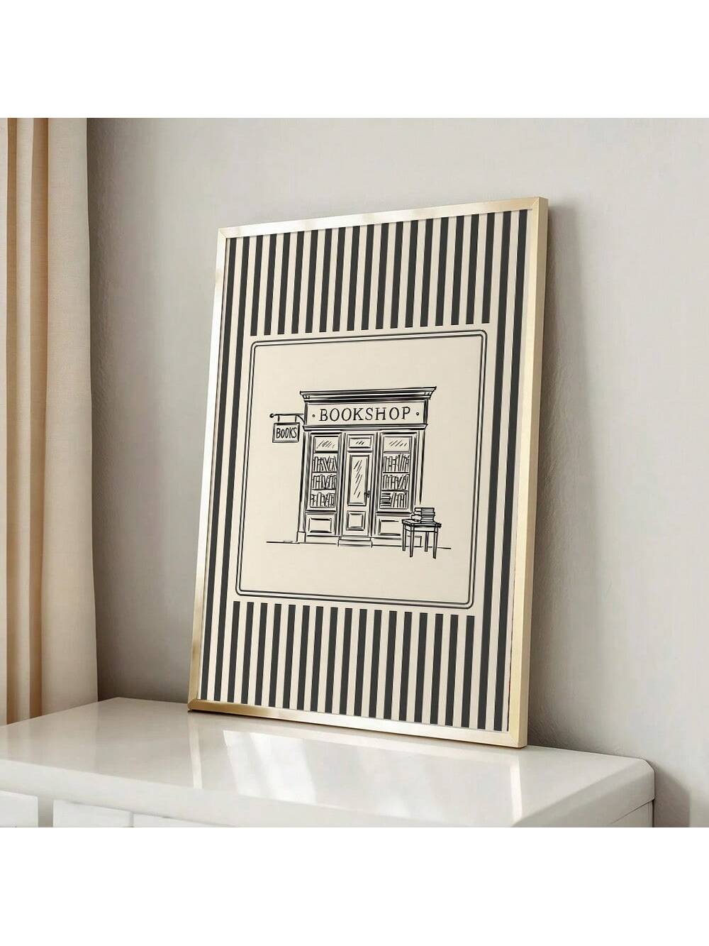 Elevate your space with this striking vintage-inspired bookshop poster, featuring sophisticated black and beige stripes that evoke the charm of classic literary aesthetics. The minimalist design brings understated elegance to any room, making it an ideal choice for bibliophiles and design enthusiasts alike.