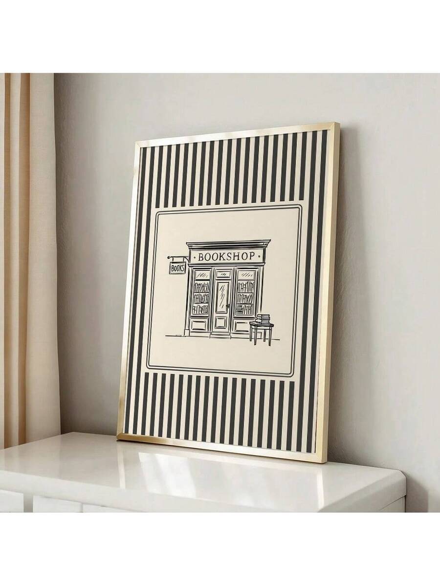 Elevate your space with this striking vintage-inspired bookshop poster featuring bold black and beige stripes. Perfect for minimalist enthusiasts, this graphic art piece brings understated sophistication to living rooms, bedrooms, or home offices. Printed on quality canvas, it captures the charm of classic bookstore aesthetics while complementing modern decor. An ideal choice for creating a cozy, literary-inspired atmosphere in any room of your home.