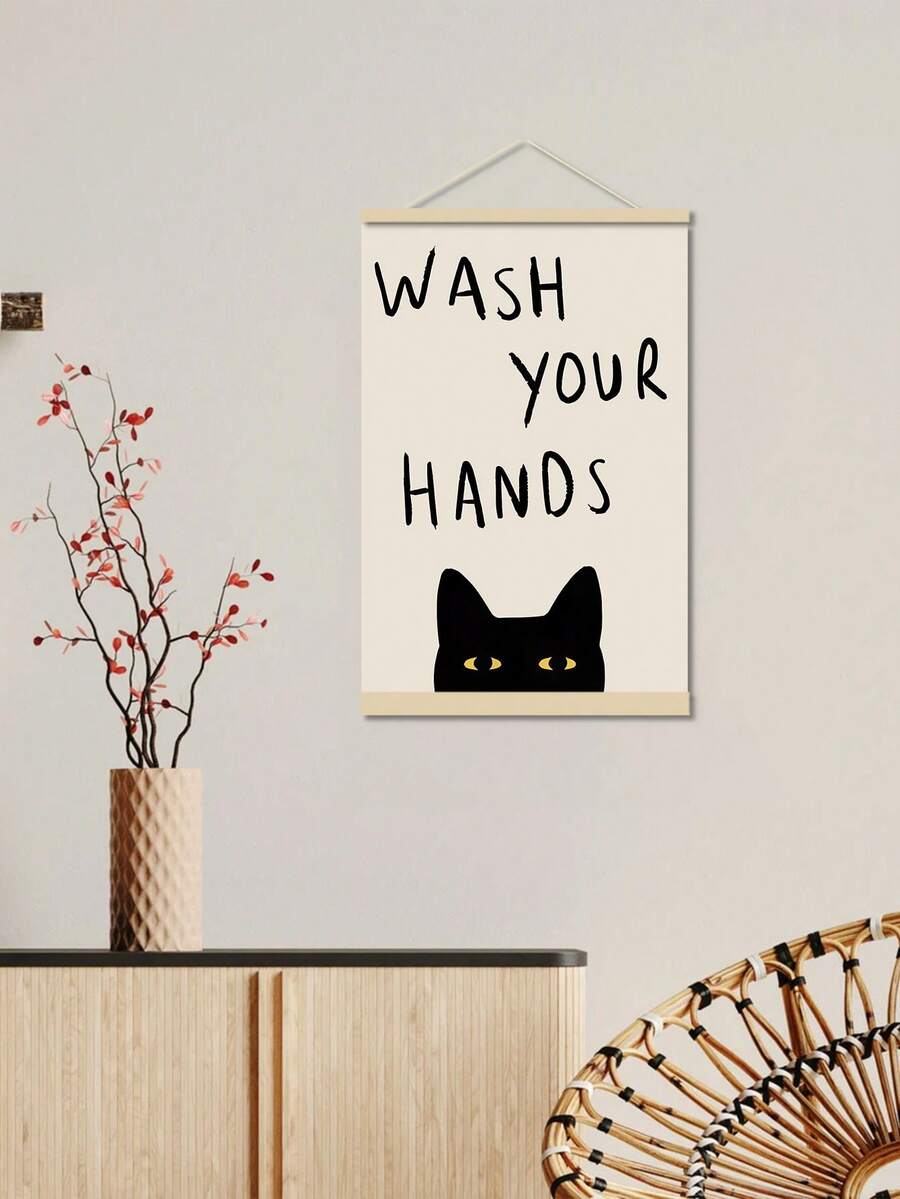 Ivory poster with black cat peeking over line and bold hand-lettered message