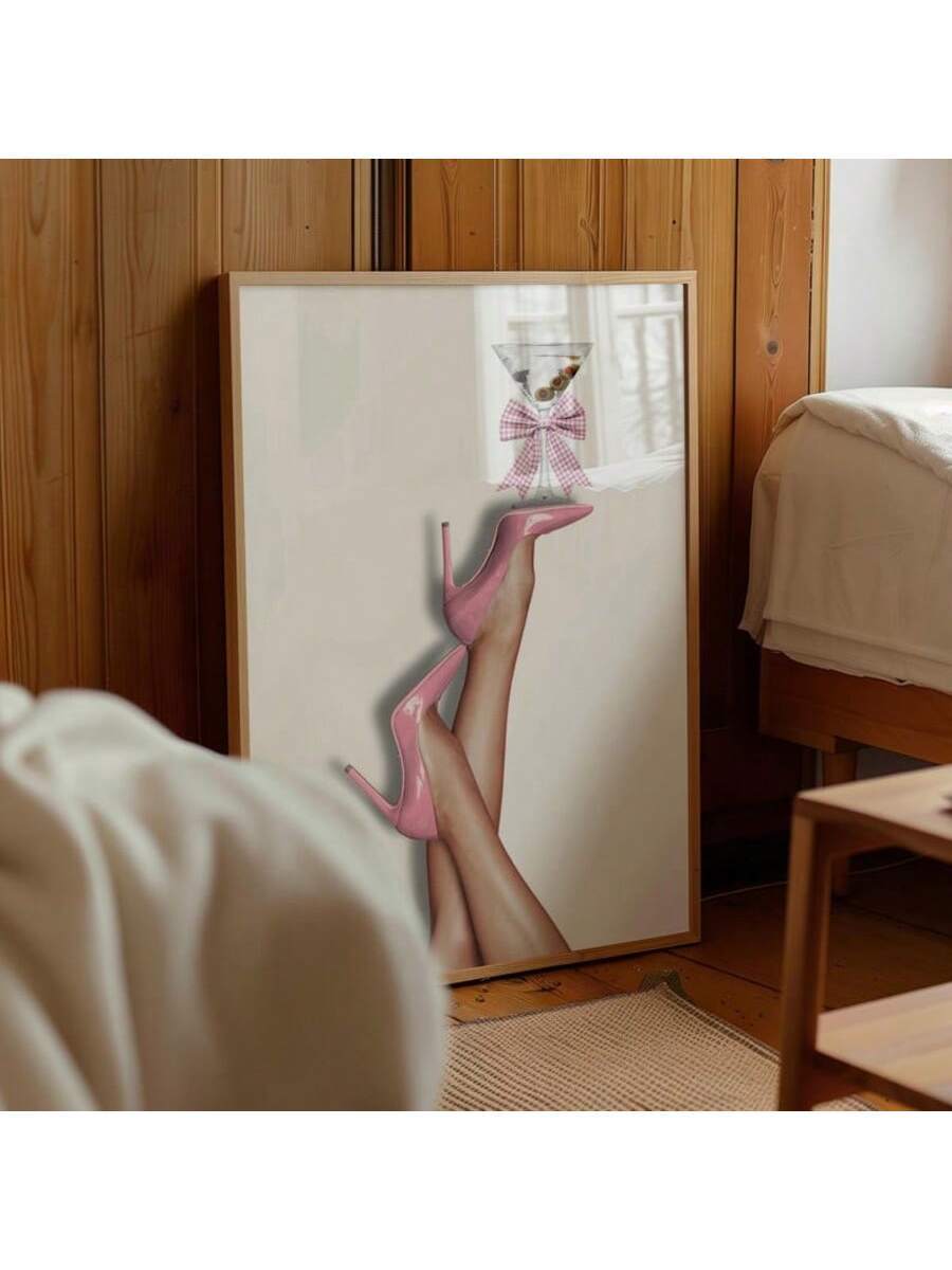 Pink coquette poster with illustrated heels, cocktail, and ribbon bow