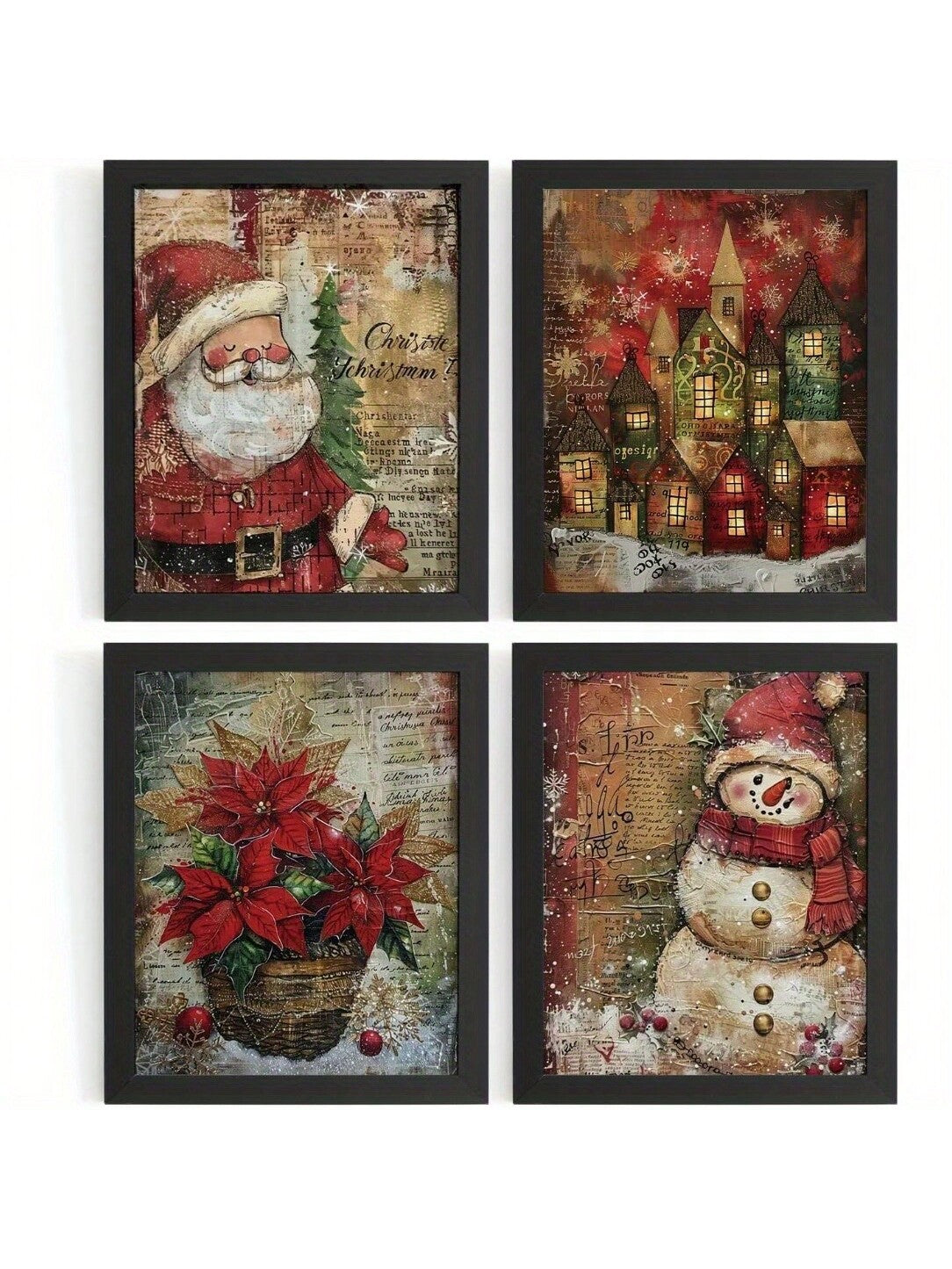 Bring timeless holiday charm into your home with this vintage-inspired Christmas wall art print. Featuring classic imagery of Santa Claus, vibrant poinsettias, and a cheerful snowman, this unframed poster captures the nostalgic warmth of traditional yuletide celebrations. The retro aesthetic complements both modern and classic interiors, making it an ideal choice for living rooms, bedrooms, or entryways. Printed on quality paper with rich, fade-resistant colors, this versatile piece allows you to customize 