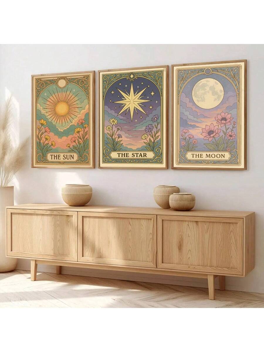 Transform your space with this captivating Mystical Astrology Canvas Art. Featuring enchanting sun, moon, and star designs with tarot-inspired graphics, this unframed canvas painting brings boho elegance to any room. The multicolor graphic and letter pattern creates visual interest while maintaining a modern aesthetic.