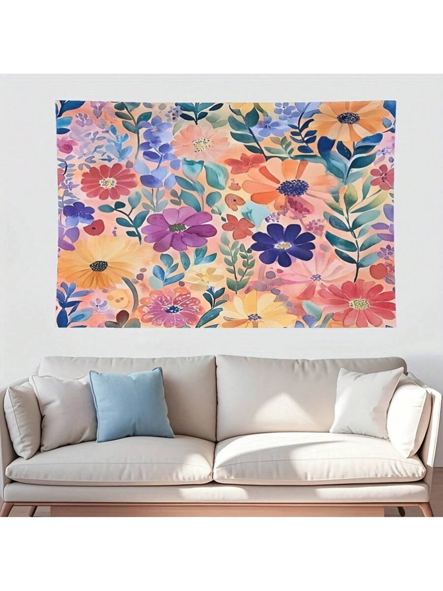 Watercolor floral tapestry with peach coral yellow purple teal and green blooms