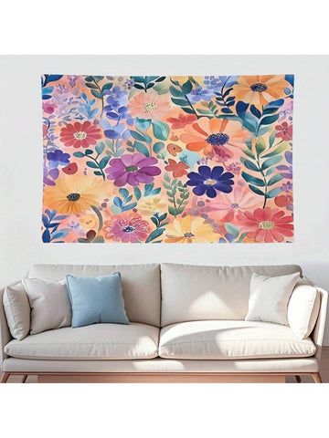 Watercolor floral tapestry with peach coral yellow purple teal and green blooms