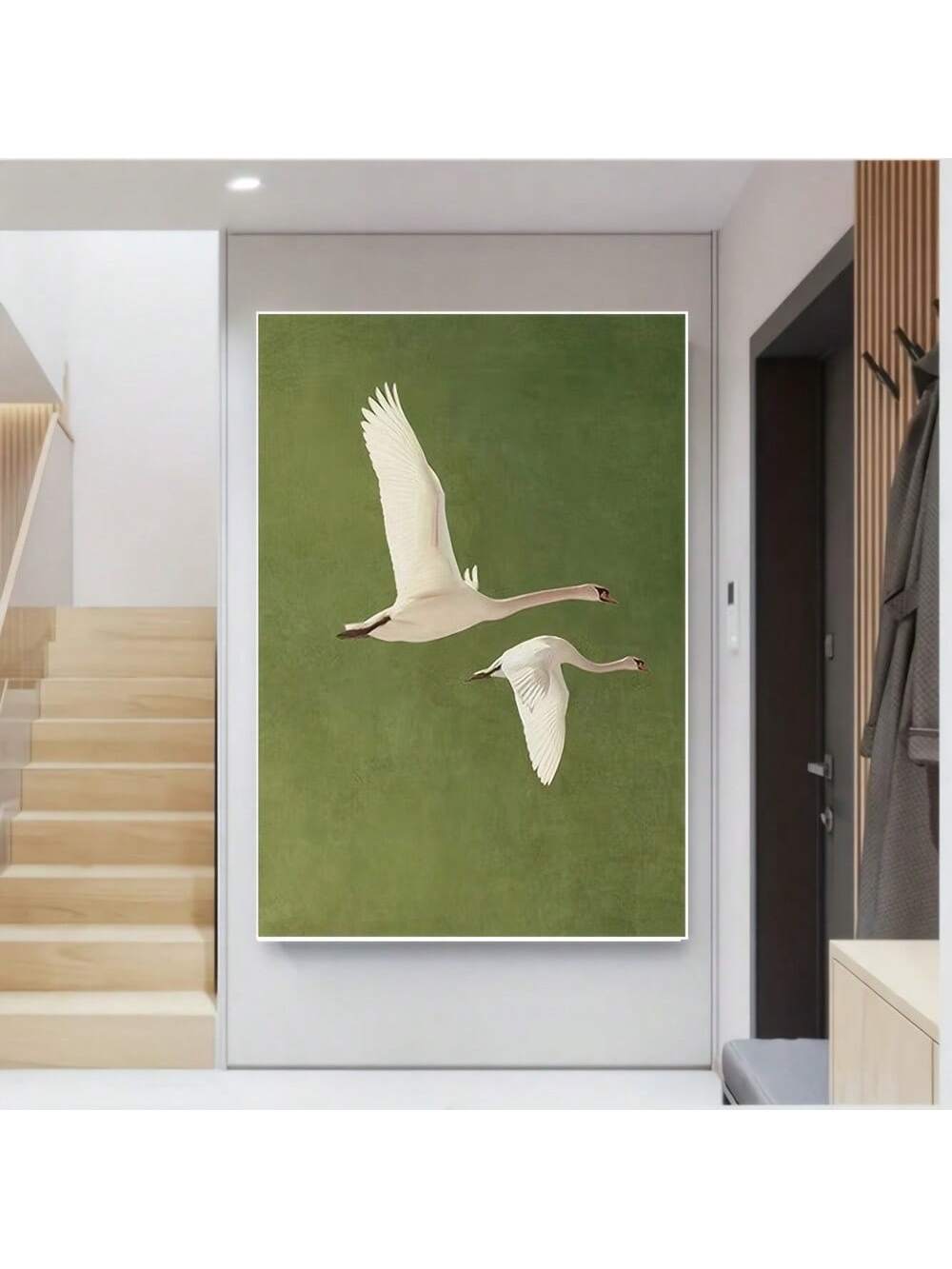 Enhance your living or office space with this elegant hand-painted canvas art featuring two flying swans. The detailed brushwork captures the grace and movement of these birds, bringing a serene and sophisticated atmosphere to your walls. Crafted for modern interiors, this artwork serves as a timeless focal point, blending seamlessly with contemporary decor while adding a touch of natural beauty and tranquility.