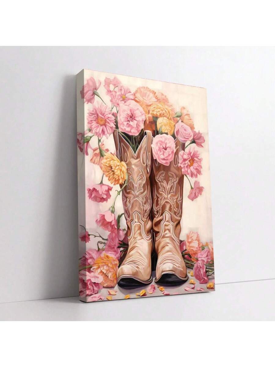 Transform your space with this stunning canvas art print featuring chic floral cowgirl boots in soft boho pink tones. Perfect for modern living rooms and dining areas, this piece blends western charm with contemporary aesthetics.&nbsp;