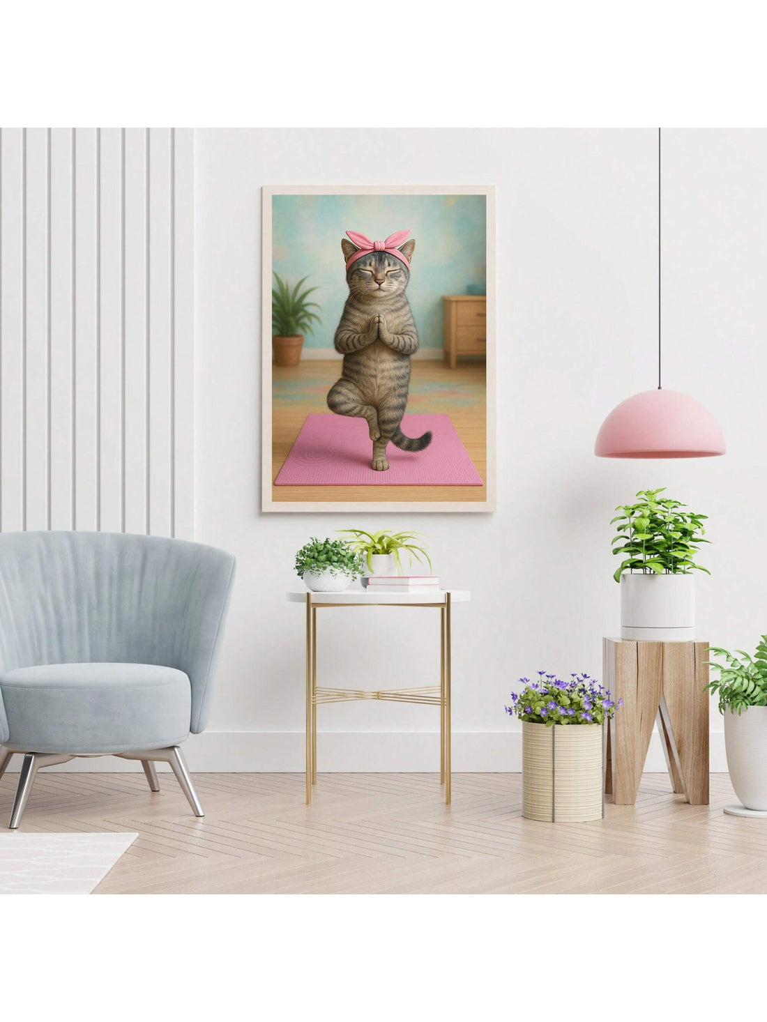 Elevate your space with this Whimsical Cat Yoga Wall Art featuring a serene tabby in tree pose. Crafted on high-quality canvas, it brings a calming vibe perfect for meditation rooms or nursery decor. Its playful yet sophisticated design fosters mindfulness while adding a touch of charm and tranquility to any environment. Ideal for those who appreciate art that inspires balance and relaxation.