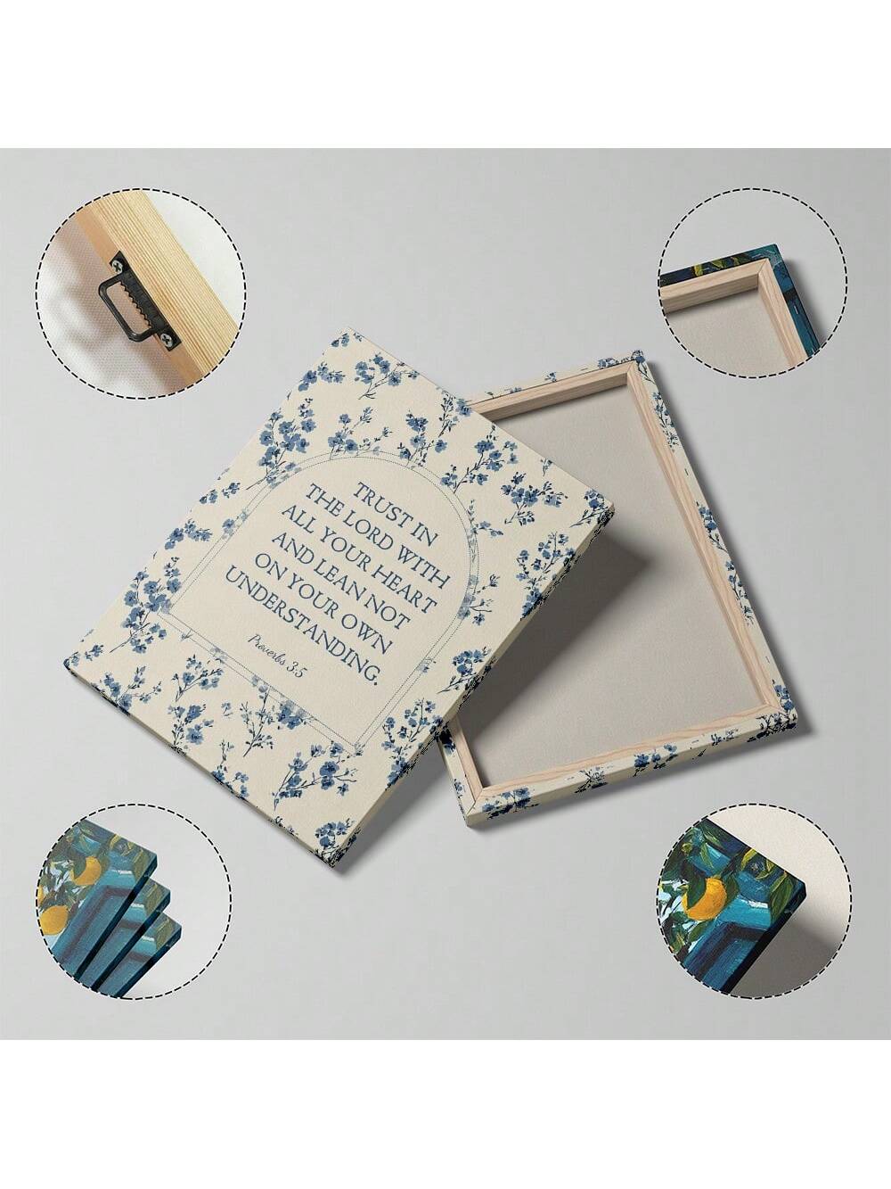 Enhance your space with this Proverbs 3:5 wall art, featuring a serene blue floral design that complements any décor. Printed on high-quality canvas, this inspirational piece serves as a daily reminder to trust in the Lord with all your heart, fostering faith and encouragement in your home, office, or college setting. Its elegant style and meaningful message make it a perfect choice for those seeking spiritual motivation and aesthetic beauty.