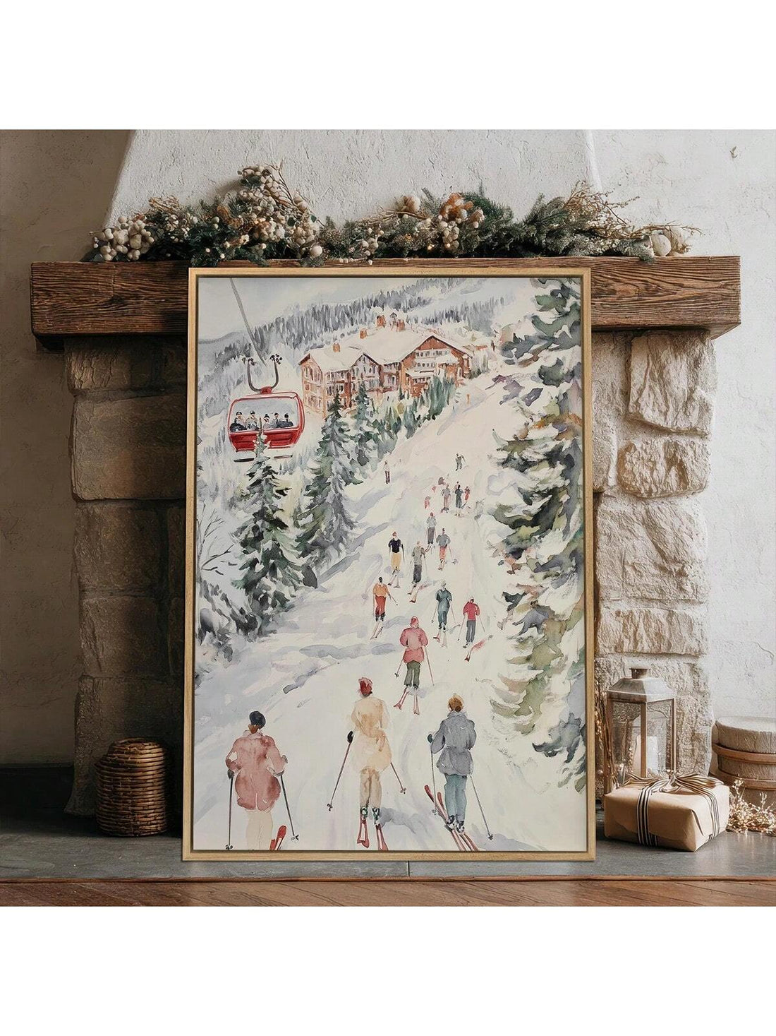 Bring the serene beauty of alpine landscapes into your home with this exquisite framed canvas art. Rendered in soft, vintage watercolour tones, this winter skiing scene captures the tranquility of snow-covered slopes and captures the essence of mountain solitude. The carefully curated colour palette—muted blues, warm creams, and gentle greys—complements any interior aesthetic while evoking the peaceful nostalgia of classic winter imagery.