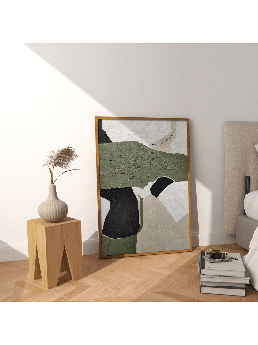 Elevate your space with this Hand-Painted Modern Nordic Canvas Wall Art, featuring an abstract design in green, white, and black. Meticulously crafted, it adds a contemporary and sophisticated touch to any home or office environment. The vibrant colors and minimalist style complement Nordic-inspired interiors, enhancing atmosphere with artistic expression and visual balance. Durable and ready to hang, this piece makes a refined statement while seamlessly integrating with modern décor.