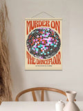Disco ball poster record player shelf styling with club quote and warm room decor