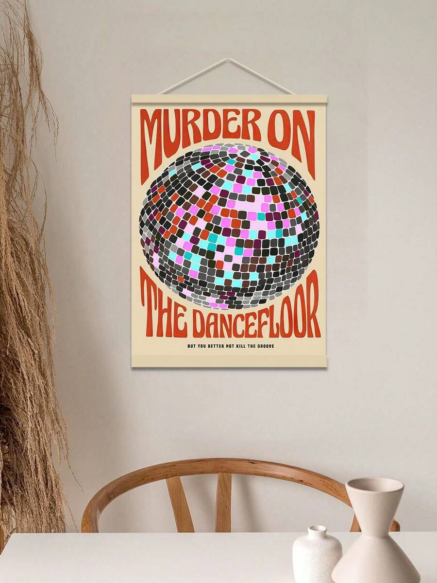 Disco ball poster record player shelf styling with club quote and warm room decor