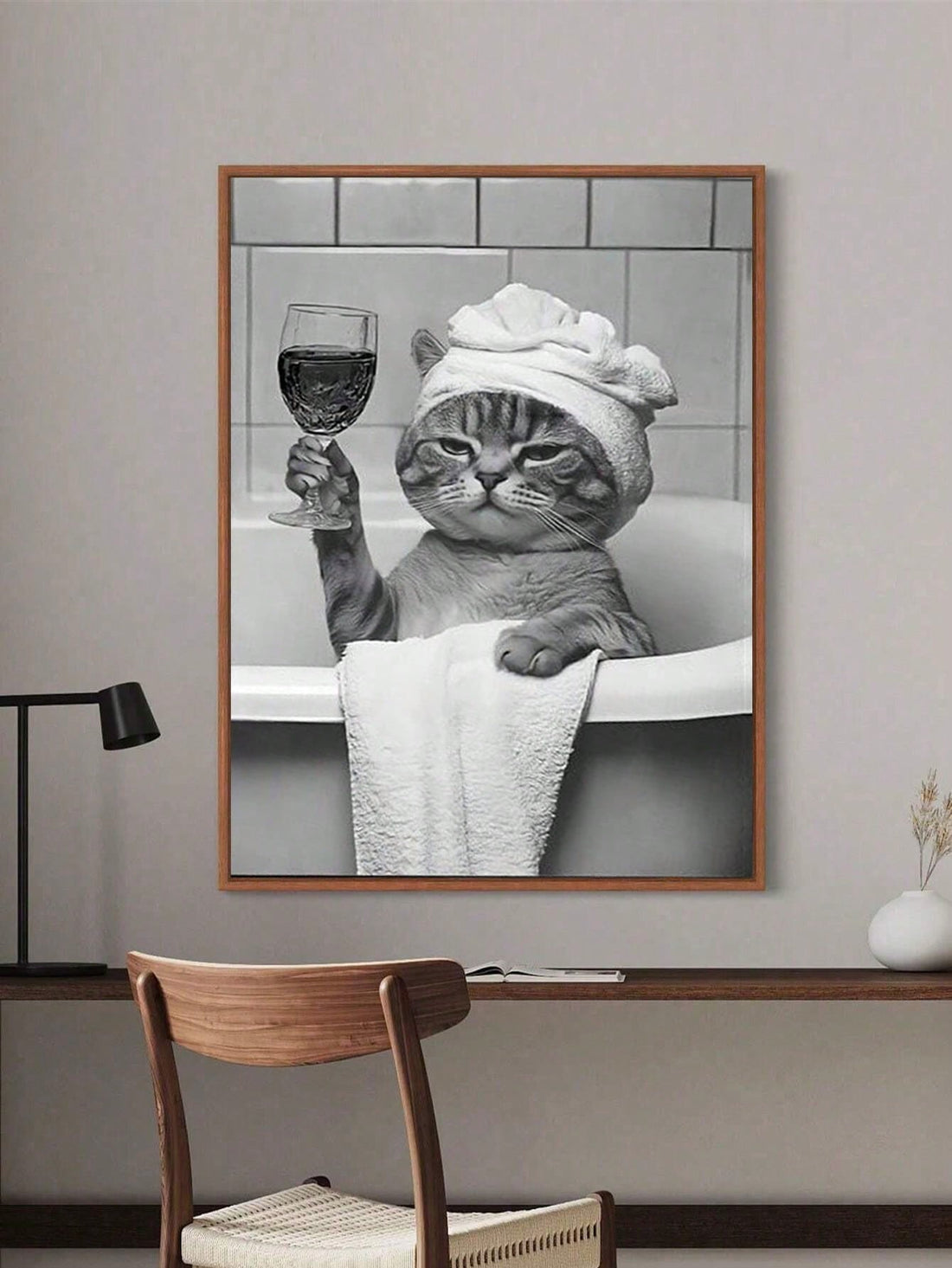 Add a playful touch to your bathroom with this whimsical wall art poster featuring a charming kitten enjoying a glass of wine in a bathtub. Crafted to bring humor and uniqueness to your space, this print is perfect for those who appreciate distinctive decor that sparks conversation. Durable and vibrant, it enhances any bathroom with a lighthearted yet sophisticated vibe.