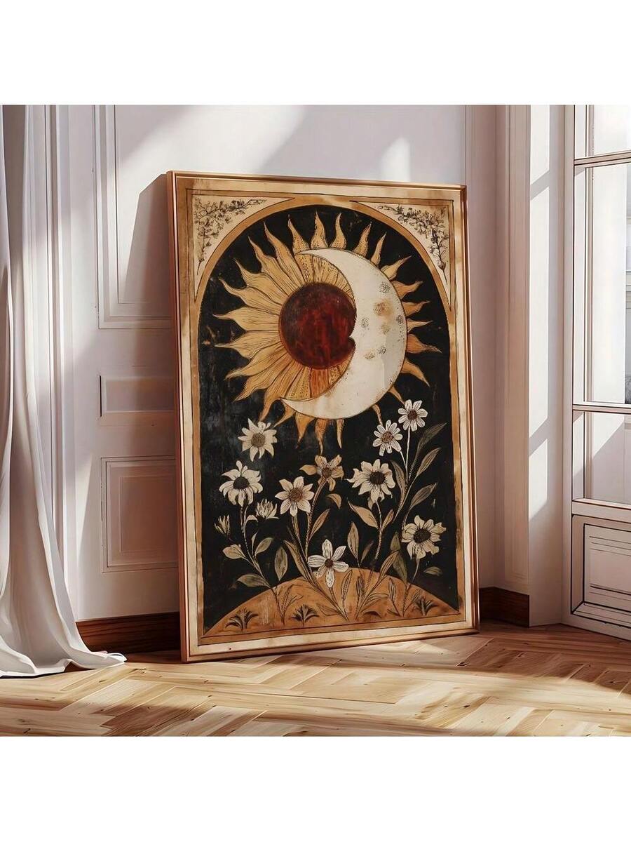 Vintage sun moon floral print leaning near rattan cabinet