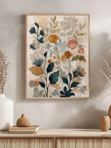 Botanical poster set with flowers leaves and tipped vessel still life