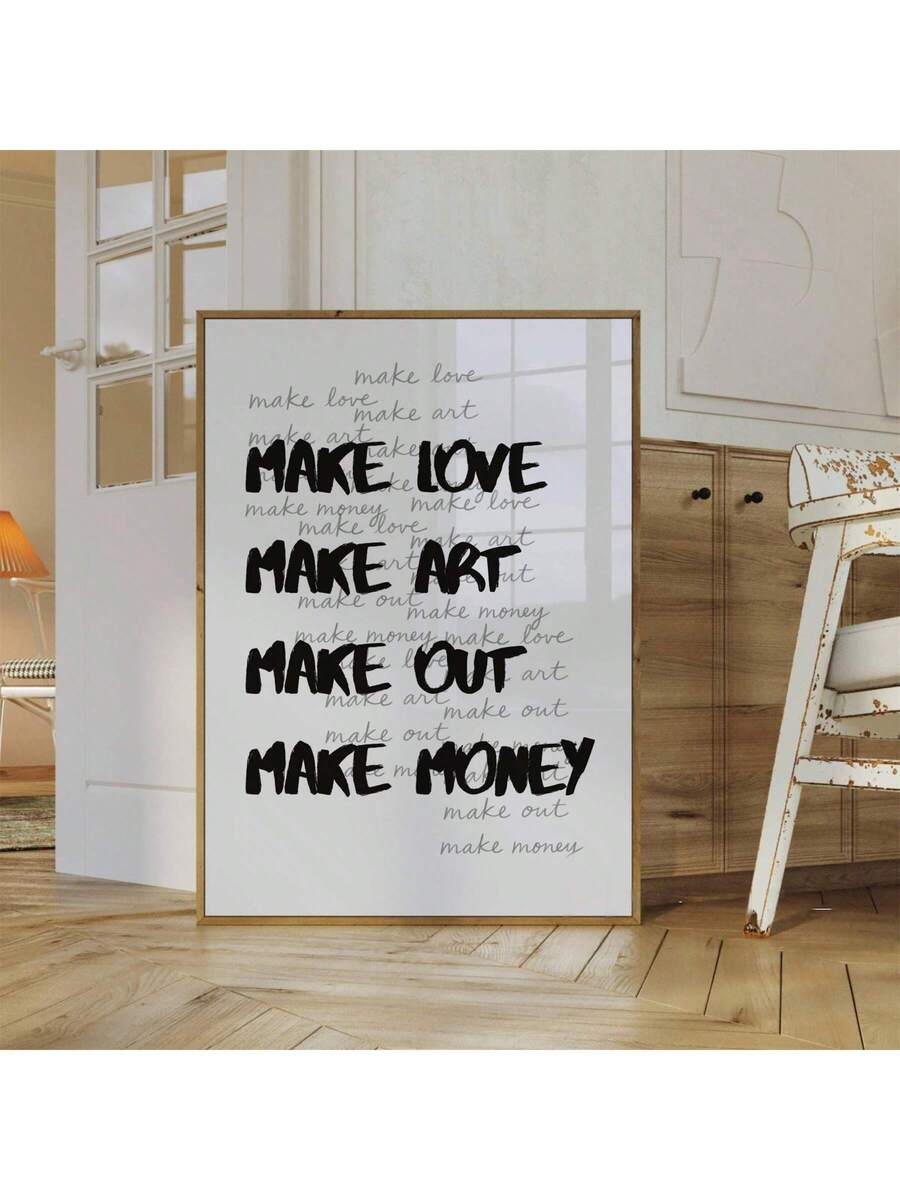 Typography canvas print styled in modern room with natural wood and gold frame tones