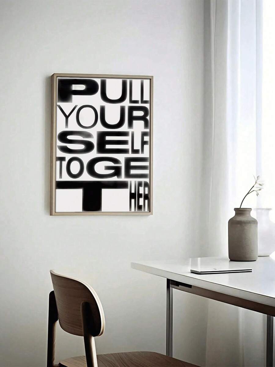 Modern black and white typography poster displayed above dresser with neutral decor