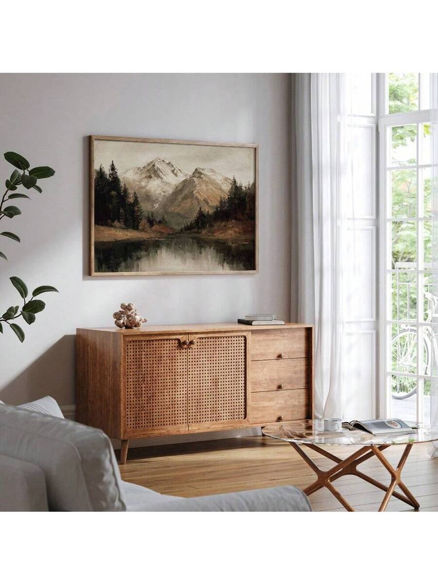 Vintage mountain lake landscape poster with snowy peaks pine forest and dark reflective water