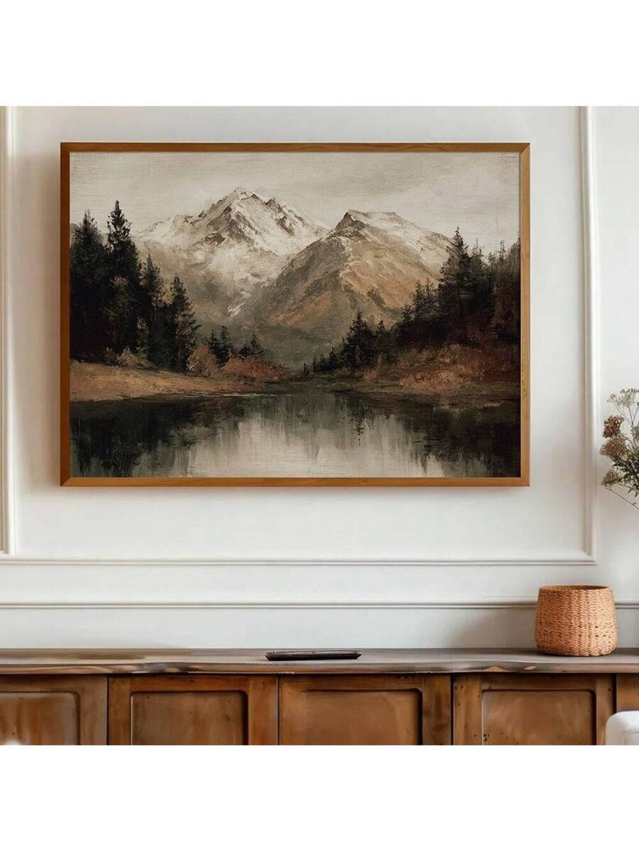 Vintage mountain lake landscape poster with snowy peaks pine forest and dark reflective water