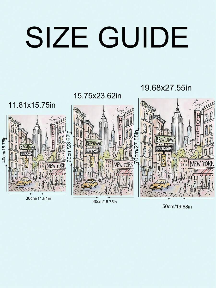 Size guide showing New York canvas print sizes 11.81x15.75in 15.75x23.62in 19.68x27.55in